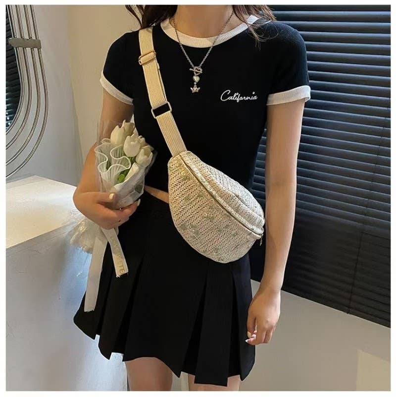 RAFFIA STRAW WAIST FANNY PACK CROSSBODY BELT BAG