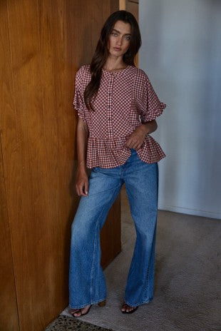 Gingham Ruffle Short Sleeve Top