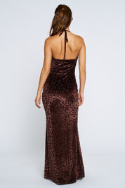 Brown Halter Leopard Print Maxi Dress