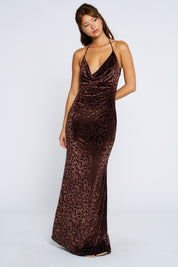 Brown Halter Leopard Print Maxi Dress