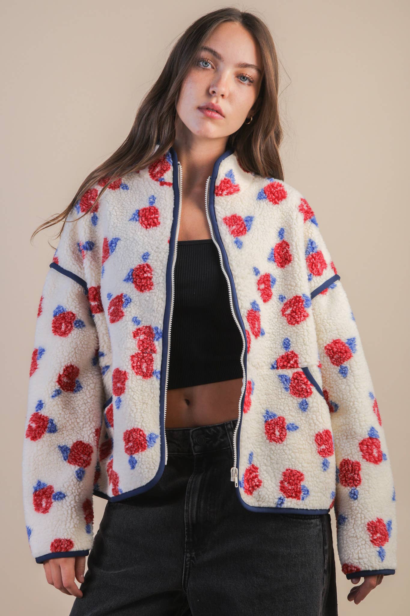White Floral Printed Fleece Sherpa Jacket