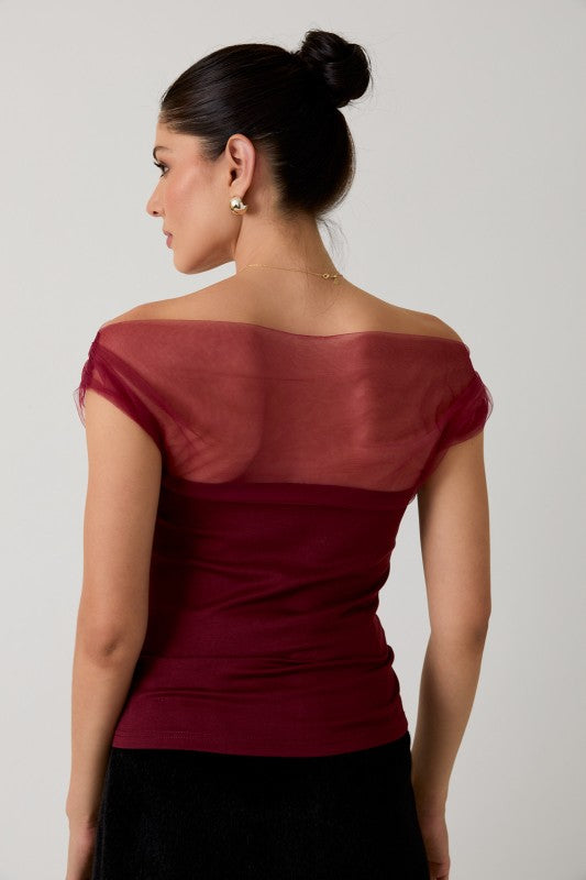 Burgundy Mesh Drape Top