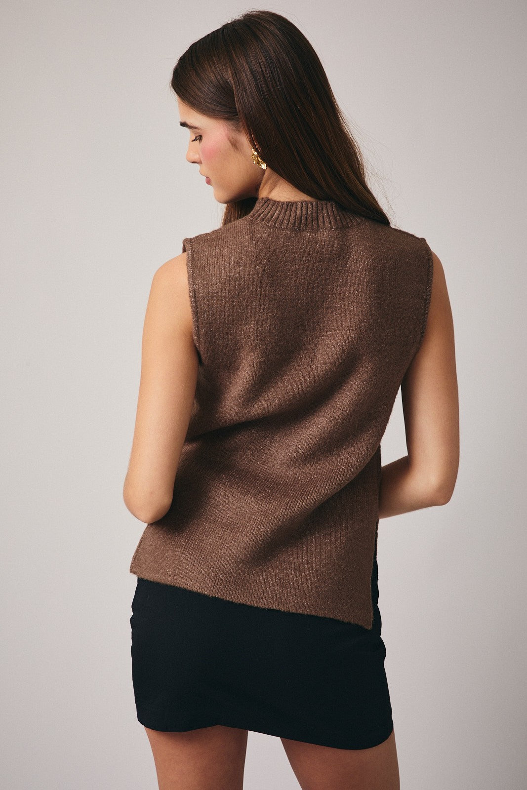 Brown Mock Neck Sleeveless Sweater