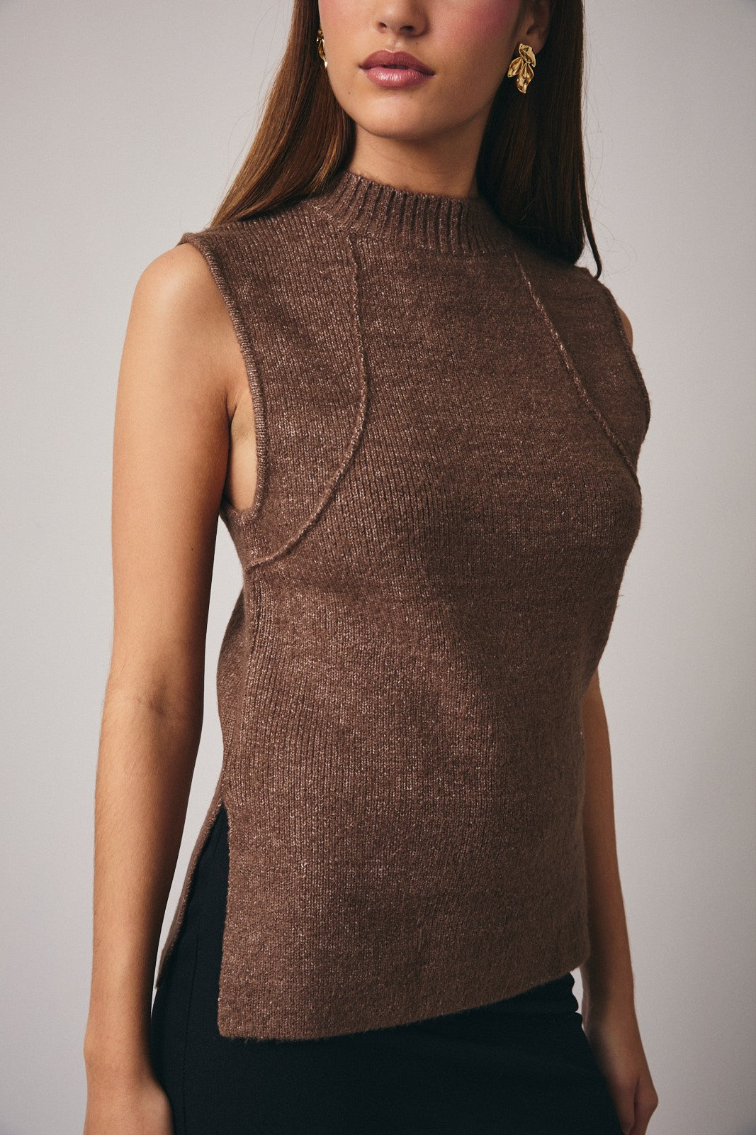 Brown Mock Neck Sleeveless Sweater