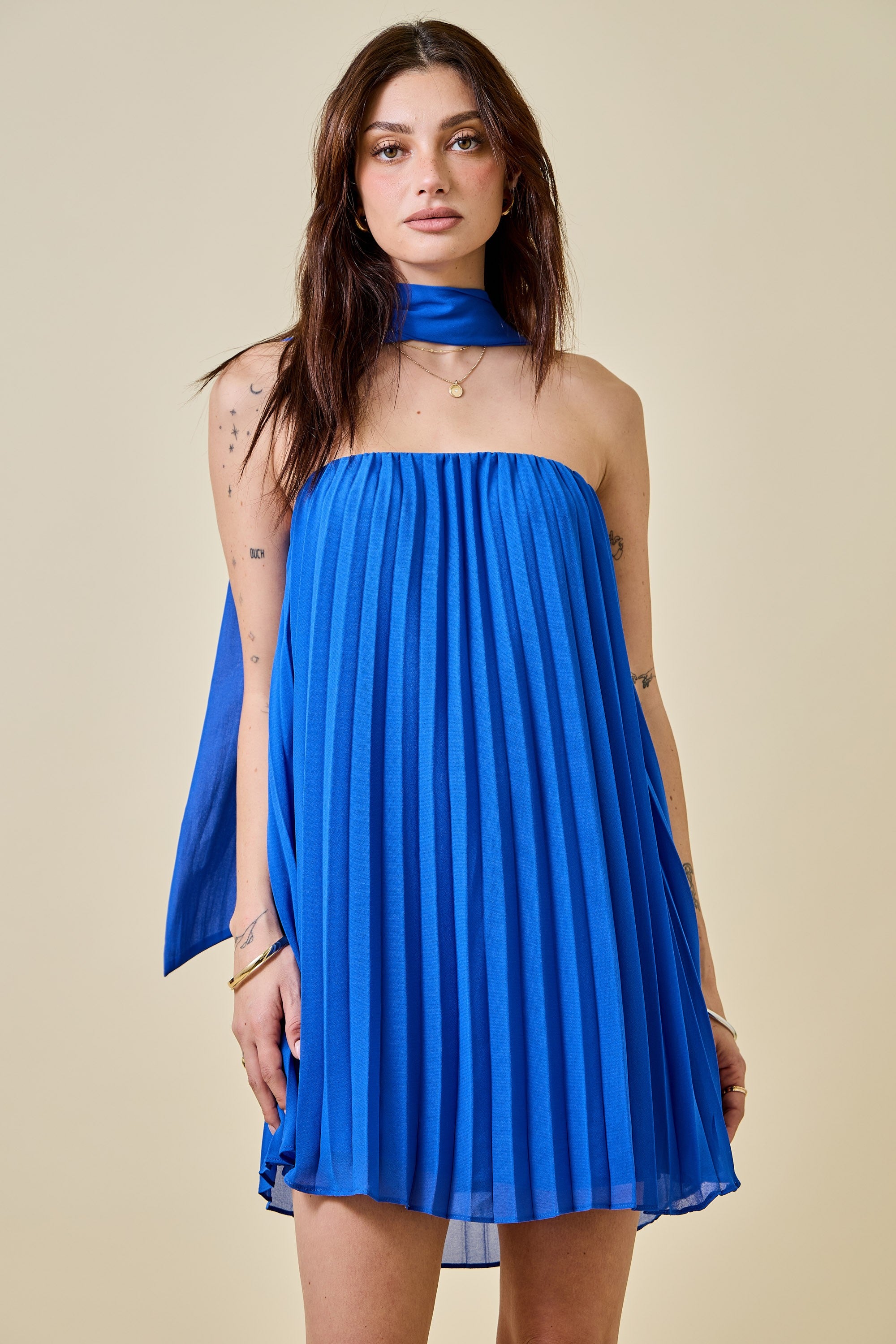 Blue Pleated Mini Dress
