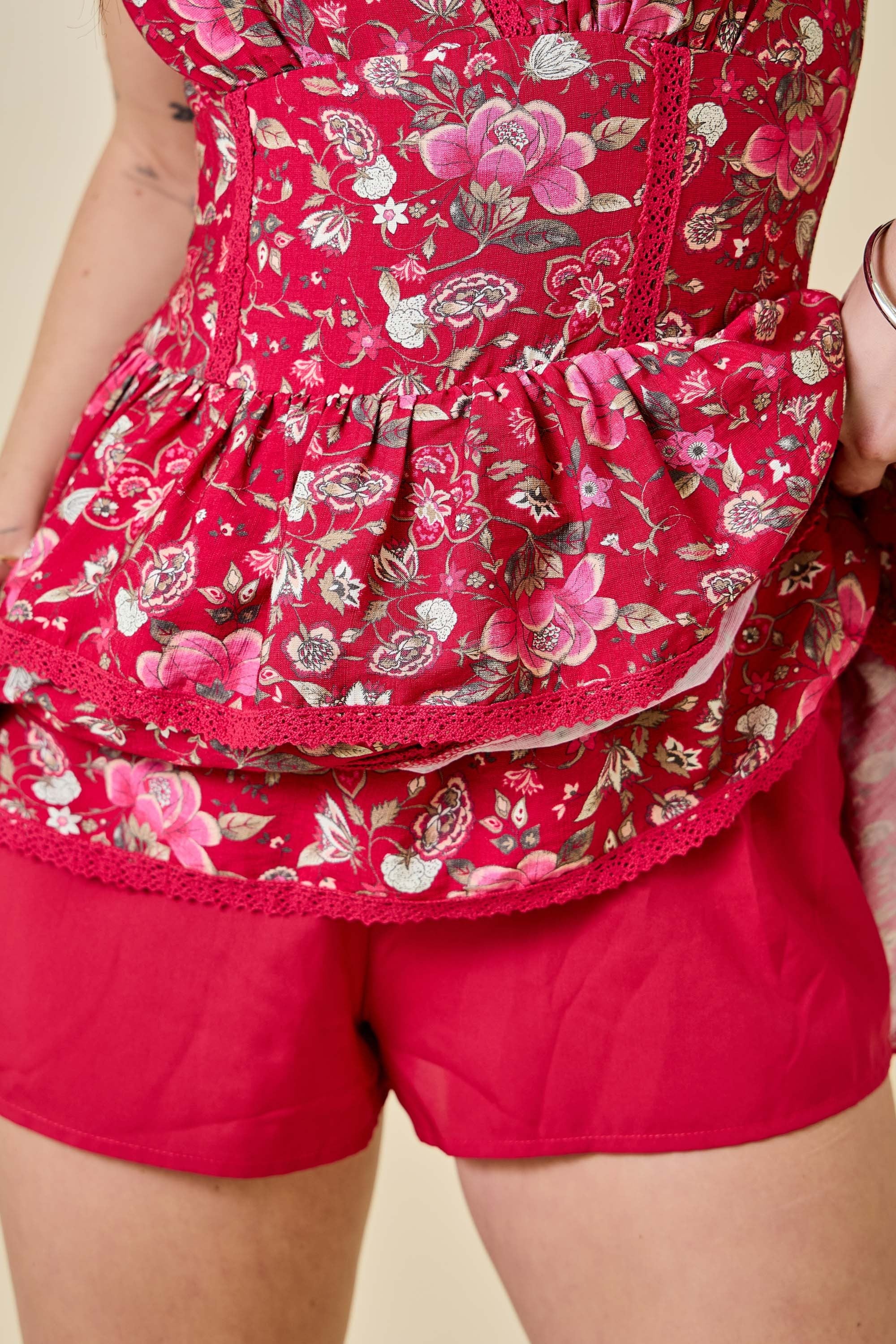 Red Floral Ruffle Romper Dress
