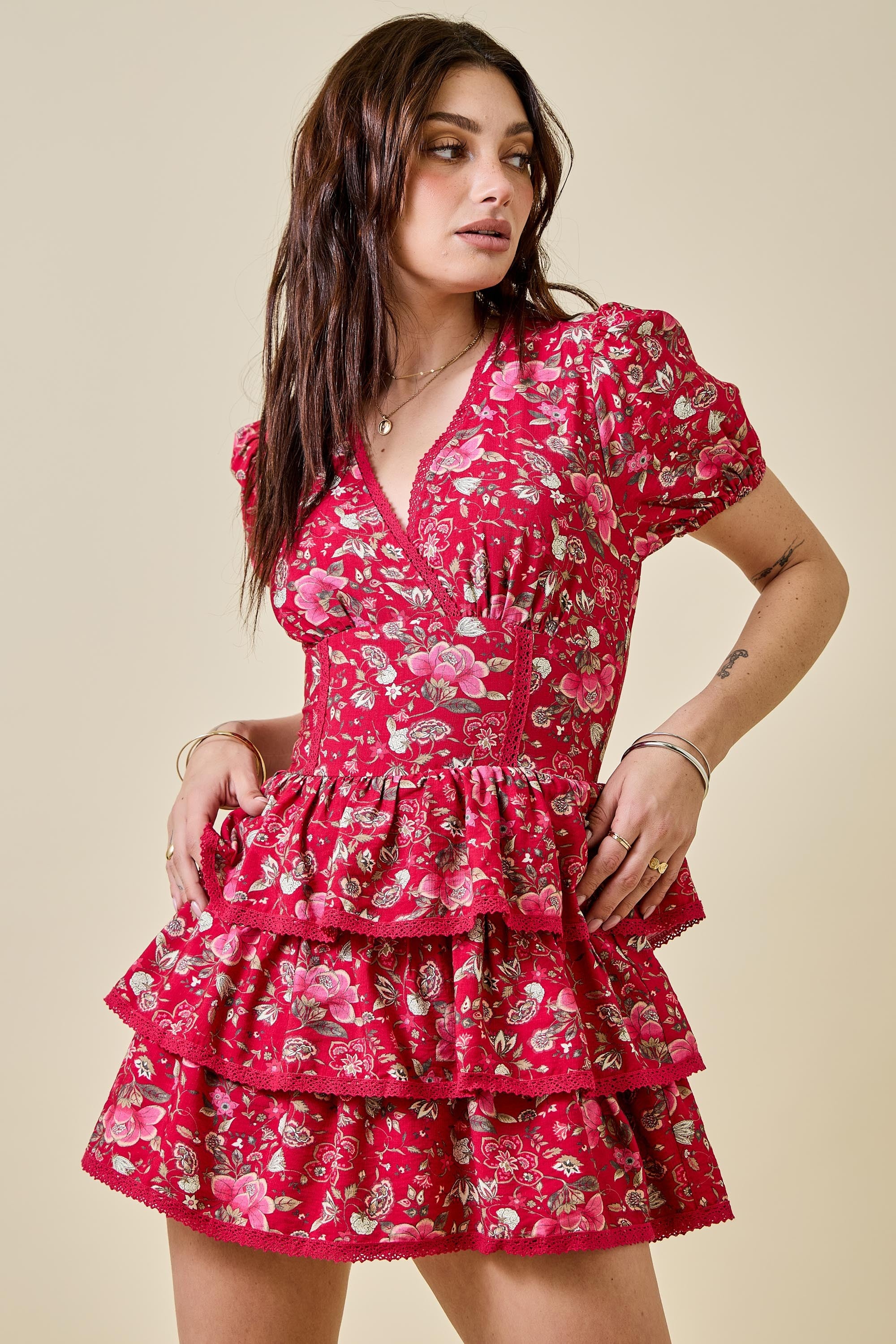 Red Floral Ruffle Romper Dress
