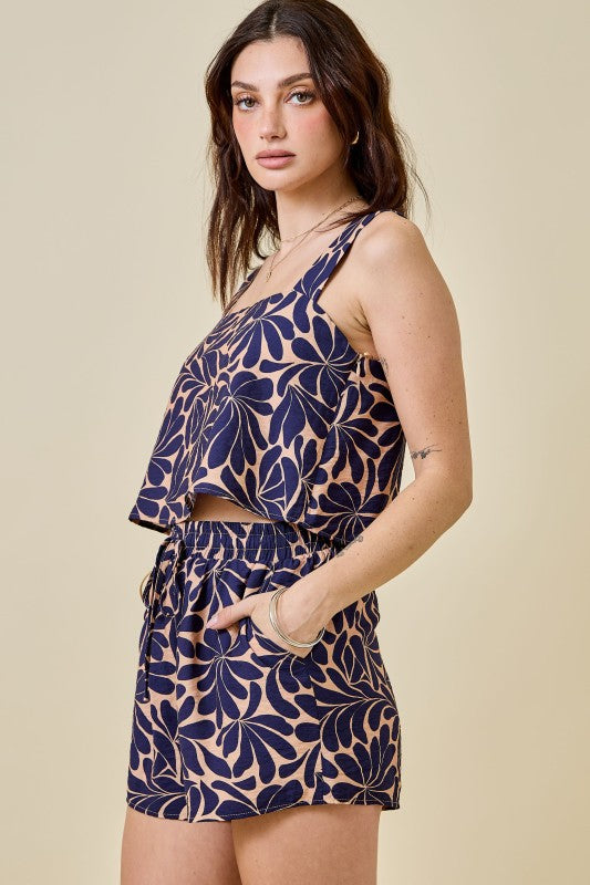 Navy Print Top & Shorts Set