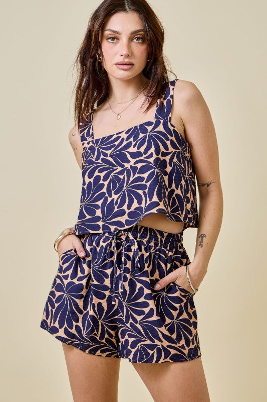 Navy Print Top & Shorts Set
