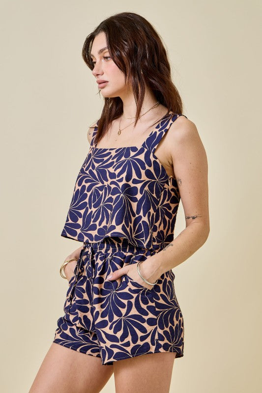 Navy Print Top & Shorts Set
