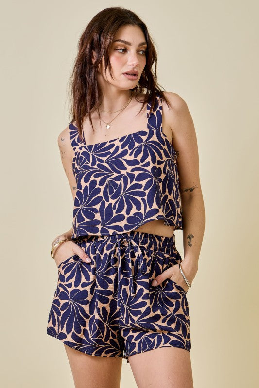 Navy Print Top & Shorts Set