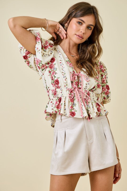 Floral Print Blouse With Bubble Sleeves