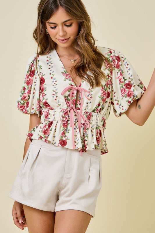 Floral Print Blouse With Bubble Sleeves