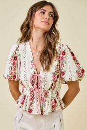 Floral Print Blouse With Bubble Sleeves