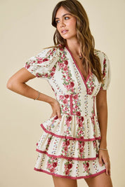 Ivory & Red Floral Print Ruffle Dress
