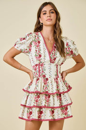 Ivory & Red Floral Print Ruffle Dress