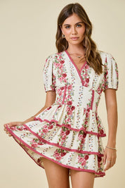 Ivory & Red Floral Print Ruffle Dress