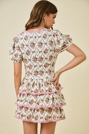 Ivory & Pink Floral Print Ruffle Dress