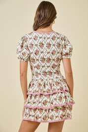 Ivory & Pink Floral Print Ruffle Dress