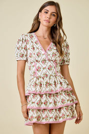 Ivory & Pink Floral Print Ruffle Dress