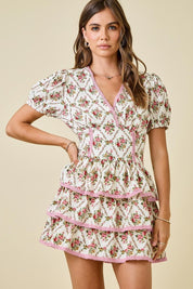 Ivory & Pink Floral Print Ruffle Dress