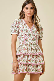 Ivory & Pink Floral Print Ruffle Dress