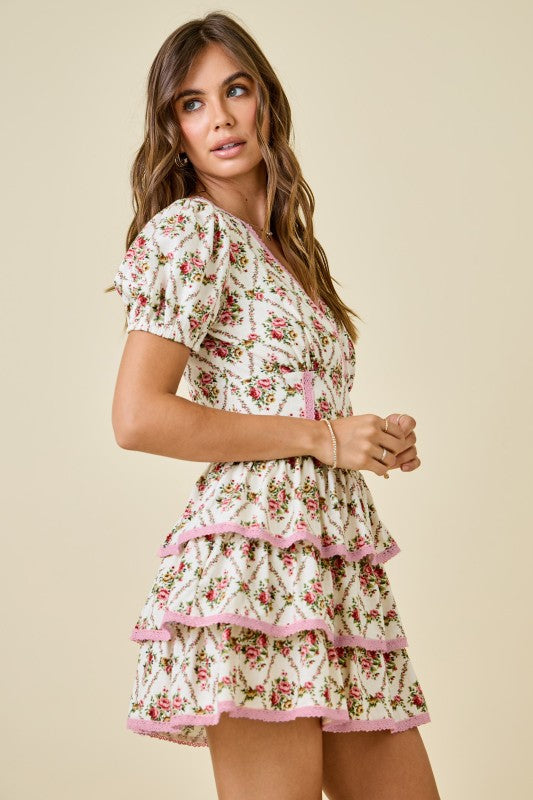 Ivory & Pink Floral Print Ruffle Dress