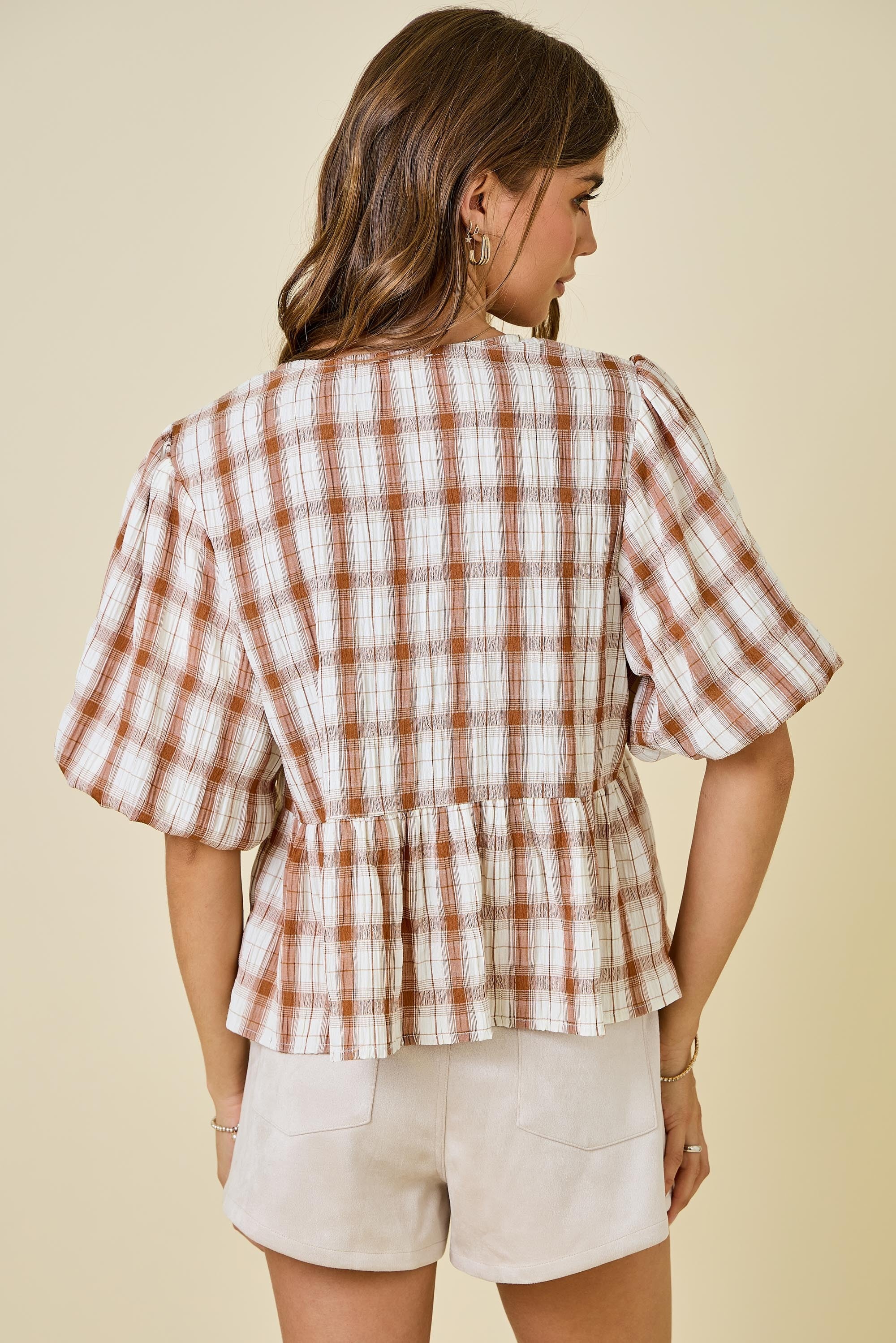 Plaid Bubble Tie Sleeves Top