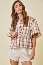 Plaid Bubble Tie Sleeves Top