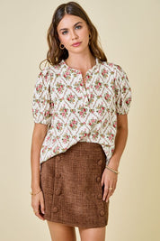Floral Print V-neck Puff Sleeve Top