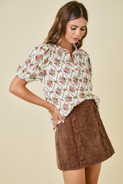 Floral Print V-neck Puff Sleeve Top