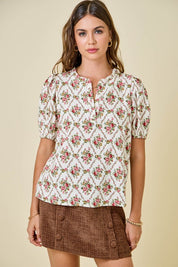 Floral Print V-neck Puff Sleeve Top