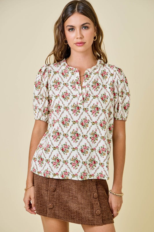 Floral Print V-neck Puff Sleeve Top