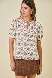 Floral Print V-neck Puff Sleeve Top