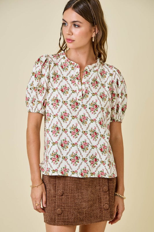 Floral Print V-neck Puff Sleeve Top