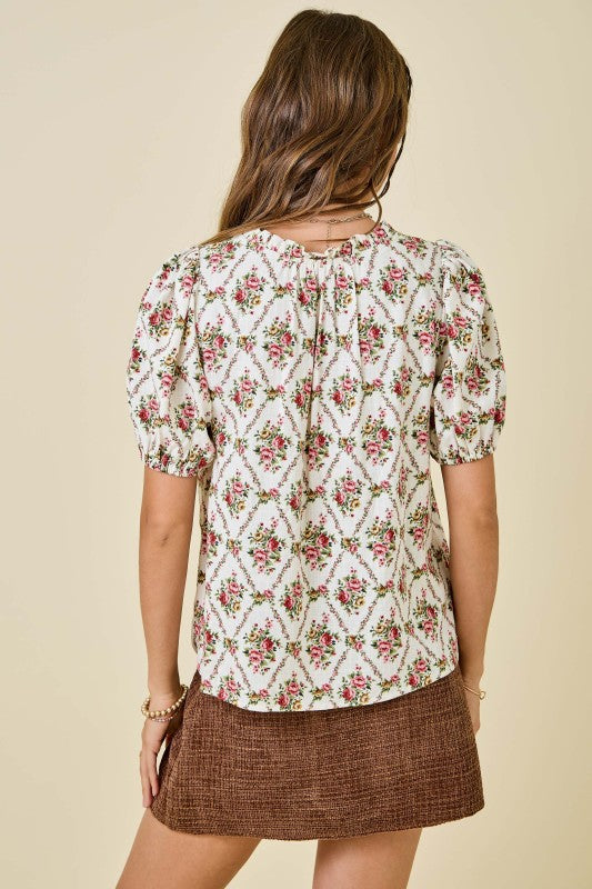 Floral Print V-neck Puff Sleeve Top
