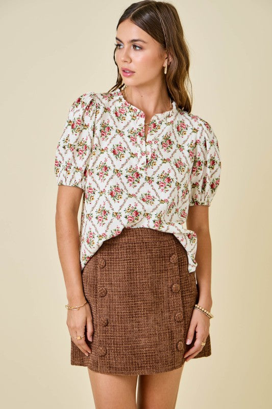 Floral Print V-neck Puff Sleeve Top