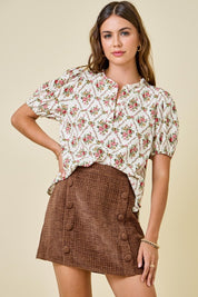 Floral Print V-neck Puff Sleeve Top