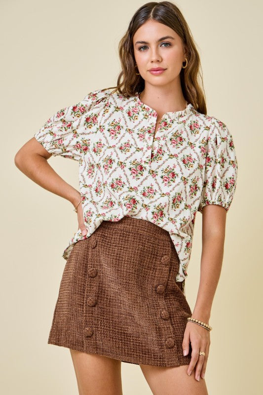Floral Print V-neck Puff Sleeve Top