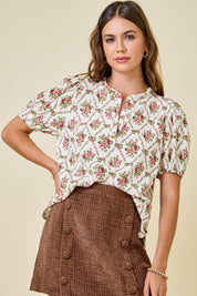 Floral Print V-neck Puff Sleeve Top
