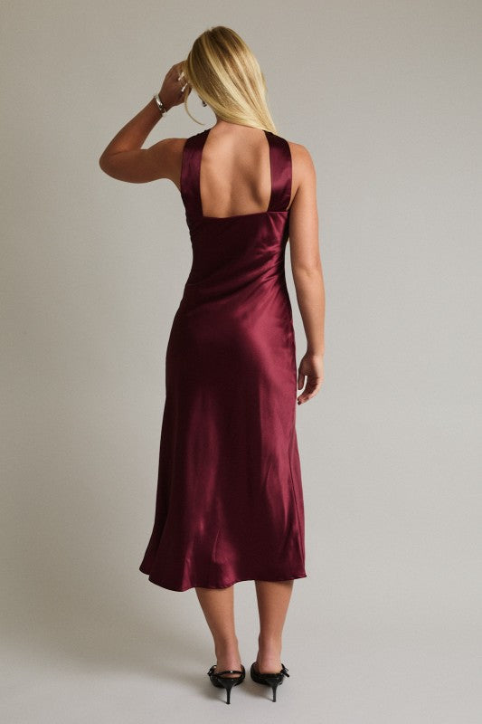 Burgundy Strapless Scarf Detail Midi Dress