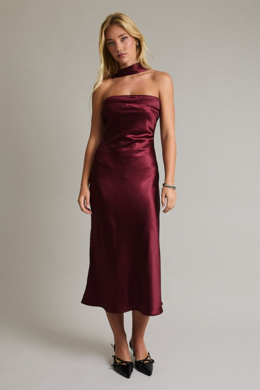 Burgundy Strapless Scarf Detail Midi Dress