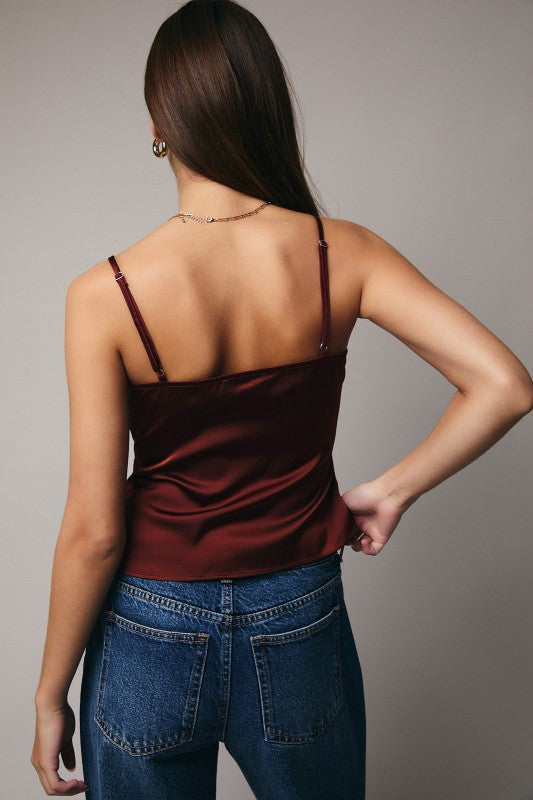 Wine Twist Front Satin Cami