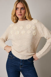 Mock Neck Flower Emboderiy Sweater — mock neck and embroidered flowers