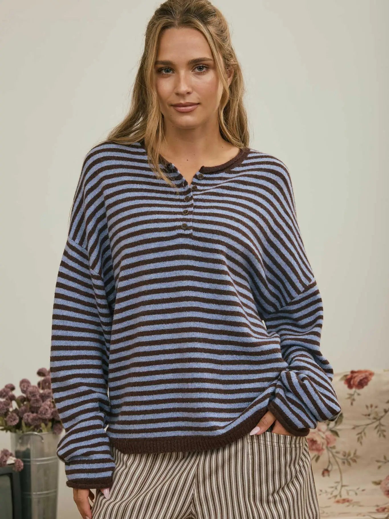Brown Striped Drop Shoulder Pullover