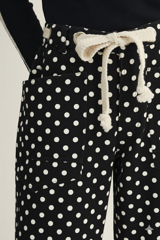 Cream Polka Dot on Black Barrel Pants