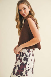 Brown Knit Ribbed Detail Open Back Top