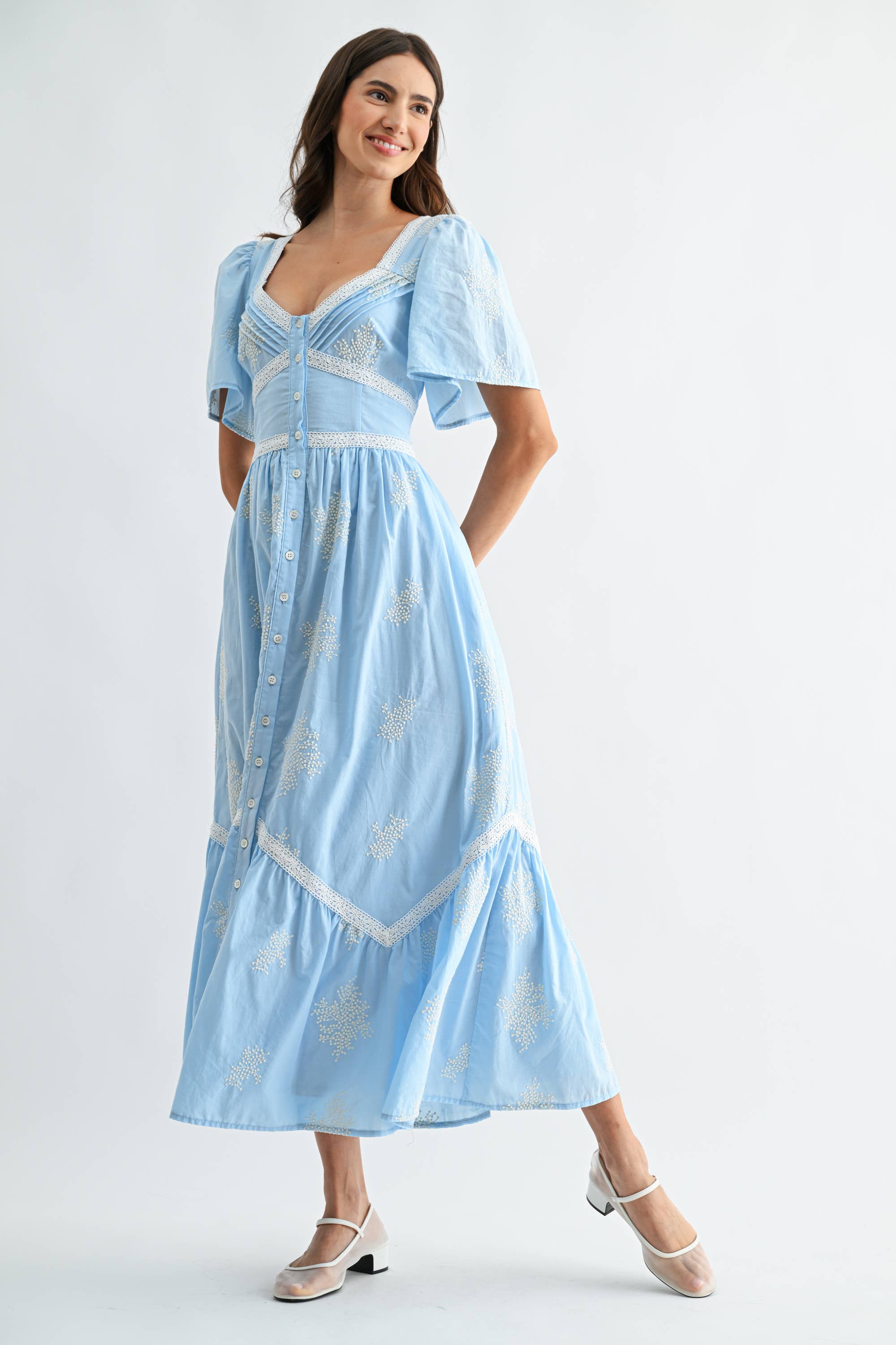 Blue Embroidered Midi Dress