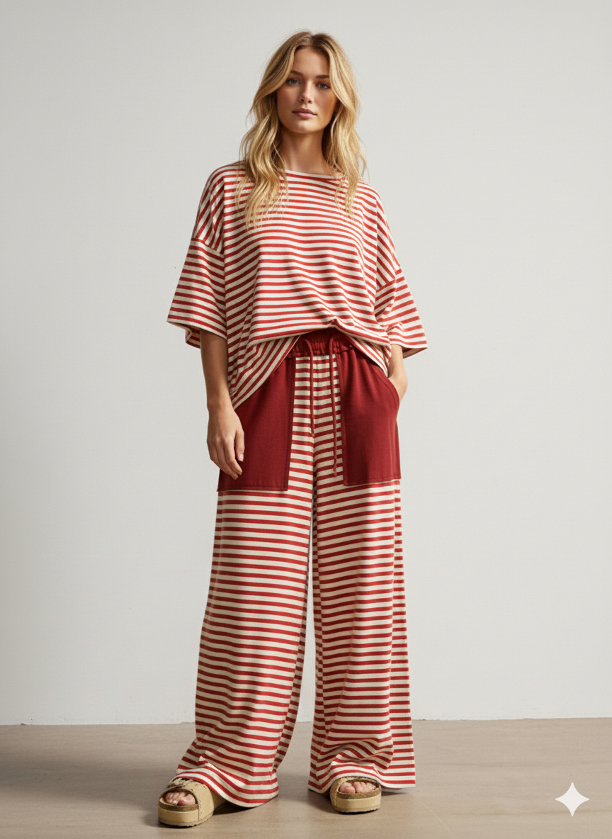 Red & Ivory Striped Knit Lounge Set