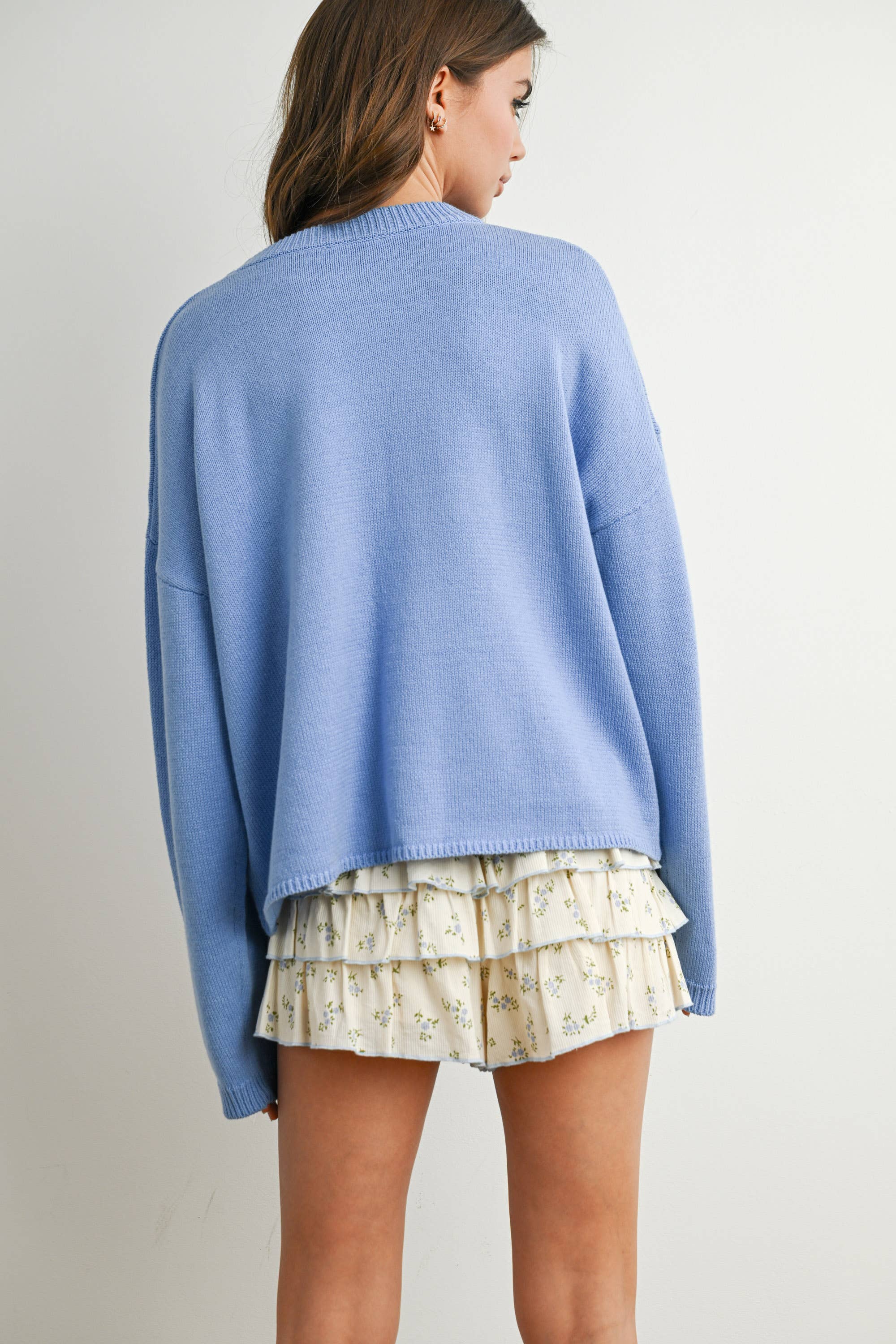 Blue Drop Shoulder Star Pattern Sweater